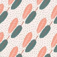 Seamless tender pattern with leafs. Hand drawn botanic ornament in pink and pale blue colors on white dotted background. vector