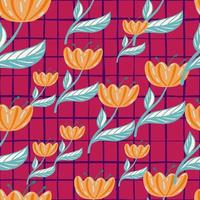 Abstract random tulip orange flowers seamless pattern. Pink chequered background. Simple floral backdrop. vector