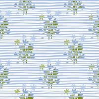 Flowers abstract bouquet seamless pattern. Botanic ornament and background with strips in white and blue tones. vector