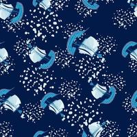 Seamless pattern with random blue sailboat ship ornament. Dark background with splashes. Simple style. vector