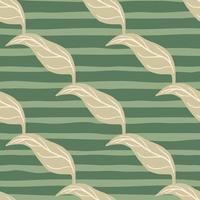 Decorative seamless pattern with beige diagonal mandarin leaf elements print. Green pale striped background. vector