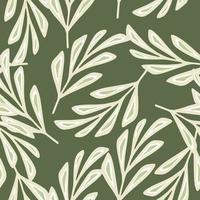 Random white scrapbook geometric leaves branches elements. Green olive background. Simple style. vector