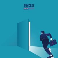 Businessman running into the opening door.  Catch the opportunity and success. Business vector concept illustration