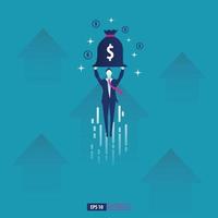 Business man flying holding pile of money with arrow success concept. Business vector illustration