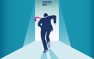 Businessman running into the opening door.  Catch the opportunity and success. Business vector concept illustration