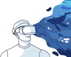 man experiencing virtual reality using looking ocean. Metaverse digital cyber world technology vector background illustration