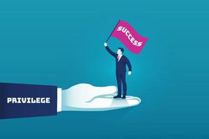 Businessman holding flag on top of hand. Become success because of privilege background vector