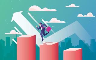 Business arrow concept with businessman holding a briefcase and jumping on the red graph. grow chart up increase profit sales and investment. background vector