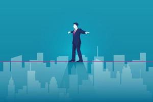 Businessman walking on tight rope. Risk challenge to success background vector