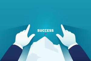 el objetivo de la mano del hombre de negocios es ser un concepto de éxito. bandera en la cima del fondo de la montaña vector