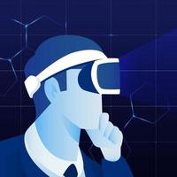 hombre experimentando realidad virtual usando auriculares. ilustración de fondo de vector de tecnología de mundo cibernético digital de metaverso