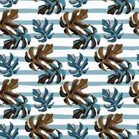 Blue and brown monstera leaf seamless pattern. Bright background with blue and white strips. vector