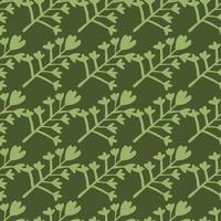 Botanic seamless pattern with pastel green floral silhouettes. Dark green background. Simple backdrop. vector