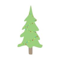 Cartoon Christmas tree in garlands isolated on white background. Hand drawn holiday fir in doodle style symbol. vector