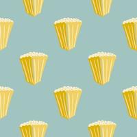 Bright seamless doodle pattern with popcorn silhouettes. Yellow cinema snack ornament on blue background. vector