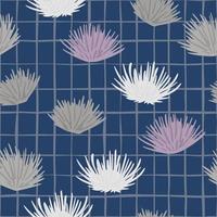 patrón aleatorio sin costuras con capullos de flores de espina dibujados a mano. ornamento botánico gris y morado sobre fondo azul marino a cuadros. vector