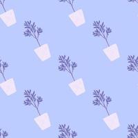 Houseplant silhouettes doodle seamless pattern. White pots with botanic plants on blue background. vector