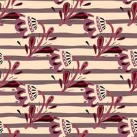 Spring seamless pattern in abstract style with maroon folk flowers print on striped beige background. vector