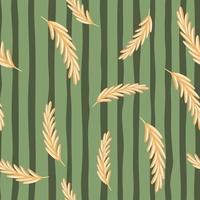 Beige random ear of wheat elements seamless pattern in doodle style. Green striped background. vector