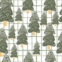 Pine tree seamless pattern on line background. Holiday forest in doodle style. vector