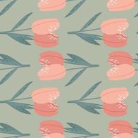 Pale seamless pattern with pink colored tulip flower silhouettes. Botanic simple print on grey background. vector