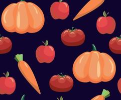 Seamless pattern with vegetables. Vegetables on black background. Tomato, carrot and pumpkin vector