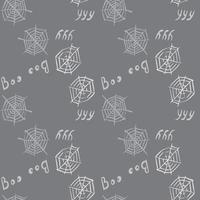 Seamless pattern with doodle scary spider web ornament. Hand drawn halloween elements on grey background. vector