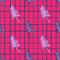 Seamless bright pattern with branches silhouettes. Blue tones contoured foliage on pink chequered background. vector