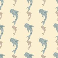 Seamless pattern with whale shark blue and grey ornament. Light pink background. Nature underwater backdrop. vector
