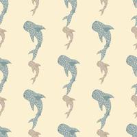 Seamless pattern with whale shark blue and grey ornament. Light pink background. Nature underwater backdrop. vector