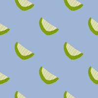 Simple minimalistic seamless pattern with clices forms. Green and light fruit shapes on blue background. vector