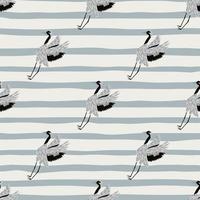 Doodle funny animal seamless pattern with simple crane bird shapes. Striped background. Simple design. vector