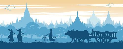 el paisaje de la asean fondo del país de myanmar con el mar de la pagoda mientras el monje en peregrinación la mujer monta en bicicleta y el hombre en el carro de la vaca vector