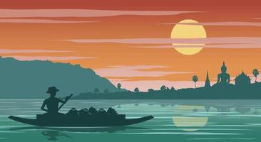 Thai woman merchant row boat to go to temple on sunset time vector