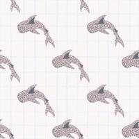 Seamless isolated pattern with underwater whale sharks elements in purple pastel color. White chequered background. vector