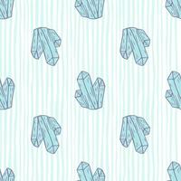 Decorative cartoon seamless pattern with blue crystals elements. White striped background. vector