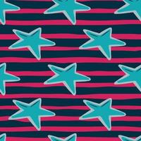 Bright seamless pattern with doodle hand drawn star details. Blue geometric shapes on navy blue and pink sripped background. vector