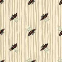 Stylized wasp silhouettes seamless pattern. Doodle animal shapes in maroon and black colors on pastel stripped background. vector