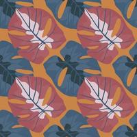 Pale colorful seamless pattern with red and navy blue tones monstera leafs. Orange background. Botanical print. vector