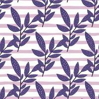 Seamless branch doodle pattern. Diagonal located foliage in navy blue color on stripped background with white and lilac lines. vector