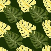 hojas de monstera verdes y amarillas formas patrón de garabato sin costuras. fondo oscuro impresión botánica. vector