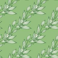 Pastel seamless doodle pattern with foliage contoured shapes. White floral outline ornament on light green background. vector