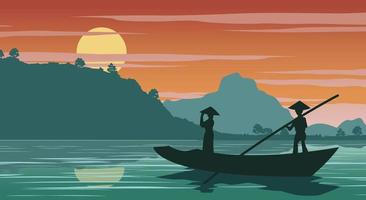 Vietnamese woman on the boat to  come back home on sunset time vector