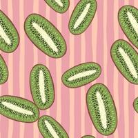 Seamless random pattern with hand drawn green kiwi ornament. Pink striped background. vector