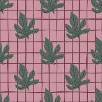 Cartoon seamless pattern with creative dark grey leaves shapes. Pink chequered background. vector