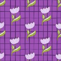 Spring seasonal nature seamless pattern with simple poppy flower silhouettes. Purple chequered background. vector