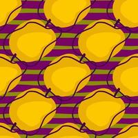 Fruit organic seamless pattern with bright orange abstract plum shapes. Purple and green striped background. vector