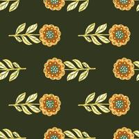 Botanic seamless pattern with orange ornamental folk flowers elements ornament. Green olive background. vector