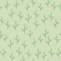 Random seamless pattern in hand drawn style with little green branches print. Grey background. vector