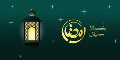 Ramadan kareem design with lit lantern vector illustration. arabic calligraphy text mean is Ramadan. Green background design.